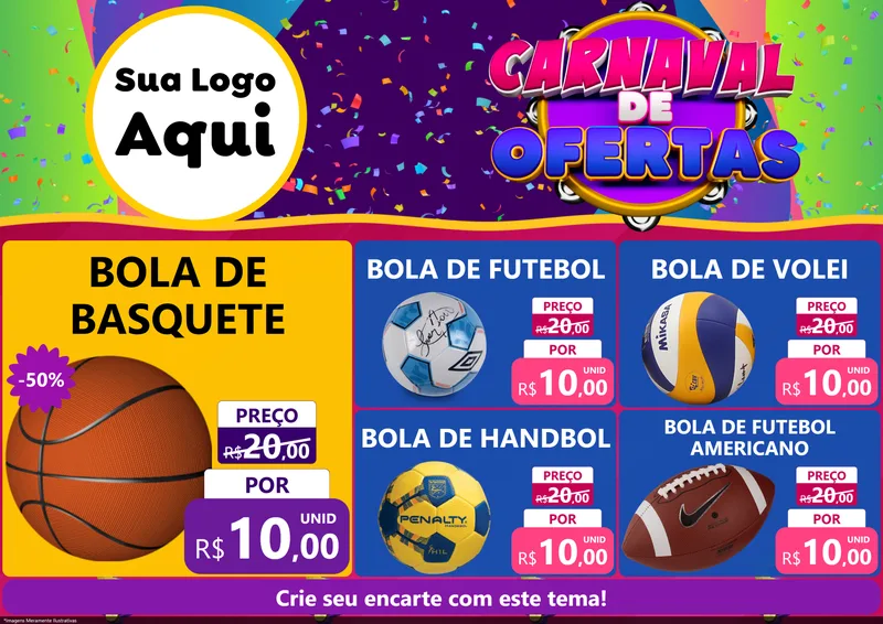 Modelo de Encarte para Encarte A4 Horizontal com o tema Carnaval de Ofertas para Artigos Esportivos