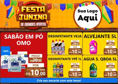Modelo de Encarte para Encarte A4 Horizontal com o tema Festa Junina de Grandes Ofertas para Produtos de Limpeza