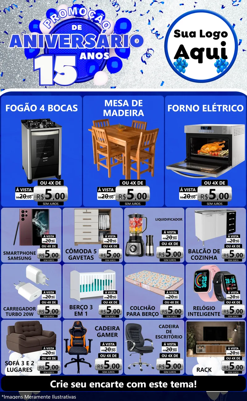 Modelo de Encarte para Encarte Grande com o tema Promoção de Aniversário - 15 Anos para Móveis e Eletro