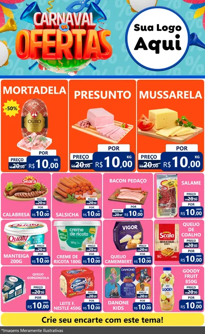 Modelo de Encarte para Encarte Grande com o tema Carnaval de Ofertas para Frios e Laticínios