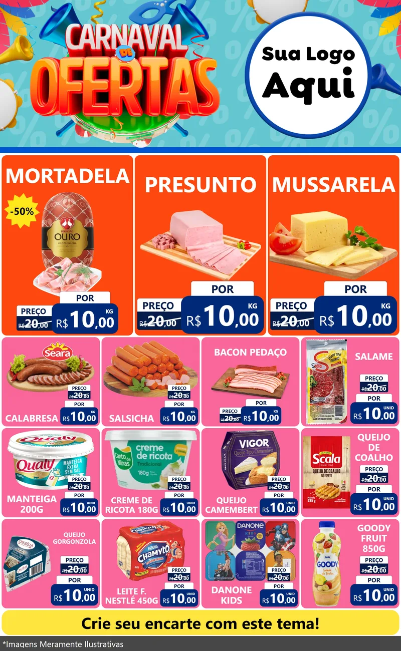 Modelo de Encarte para Encarte Grande com o tema Carnaval de Ofertas para Frios e Laticínios