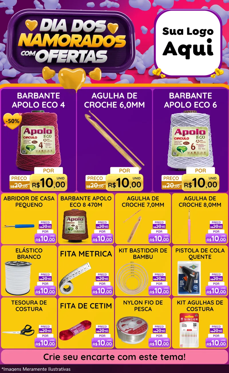 Modelo de Encarte para Encarte Grande com o tema Dia Dos Namorados Com Ofertas para Armarinho e Aviamentos