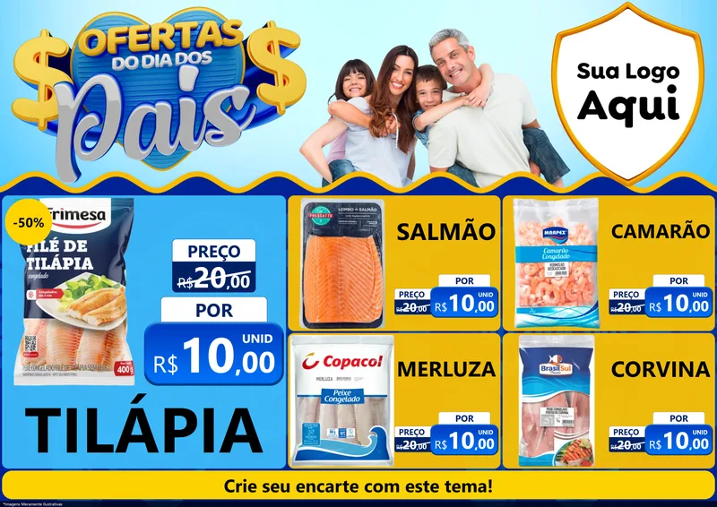 Modelo de Encarte para Encarte A4 Horizontal com o tema Ofertas do Dia dos Pais para Peixaria