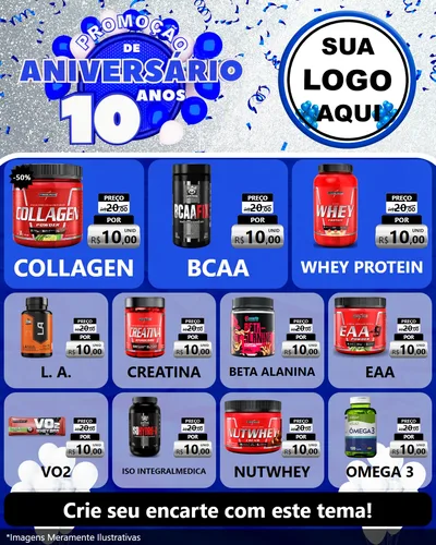 Modelo de Rede Social para Feed Instagram com o tema Promoção de Aniversário - 10 Anos para Suplementos alimentares