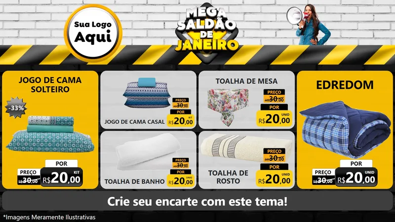 Modelo de TV para TV Horizontal com o tema Mega Saldão de Janeiro para Cama, Mesa e Banho