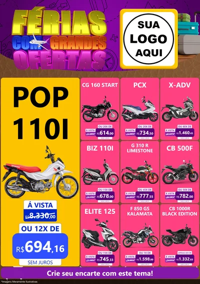Modelo de Encarte para Encarte A4 Vertical com o tema Férias com Grandes Ofertas para Concessionaria de Motos
