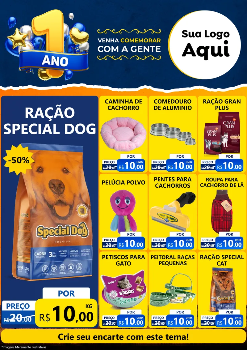 Modelo de Encarte para Encarte A4 Vertical com o tema Um Ano de Aniversário para Pet Shop