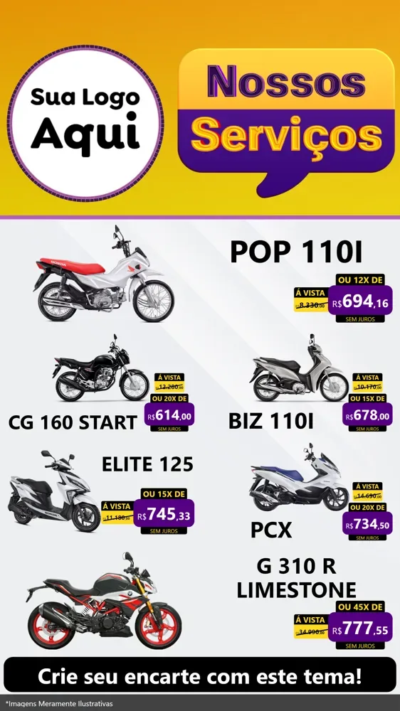 Modelo de TV para TV Vertical com o tema Nossos Serviços para Concessionaria de Motos
