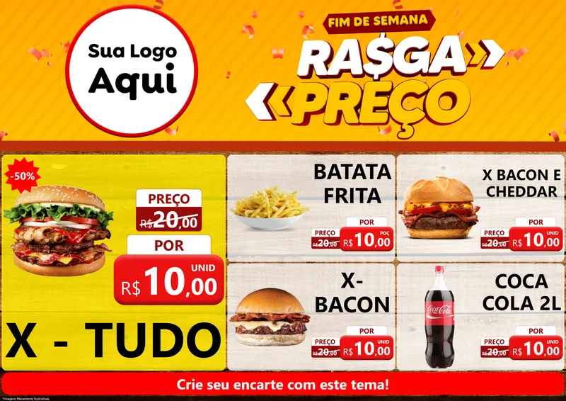 Modelo de Encarte para Encarte A4 Horizontal com o tema Fim de Semana Rasga Preços para Hamburgueria