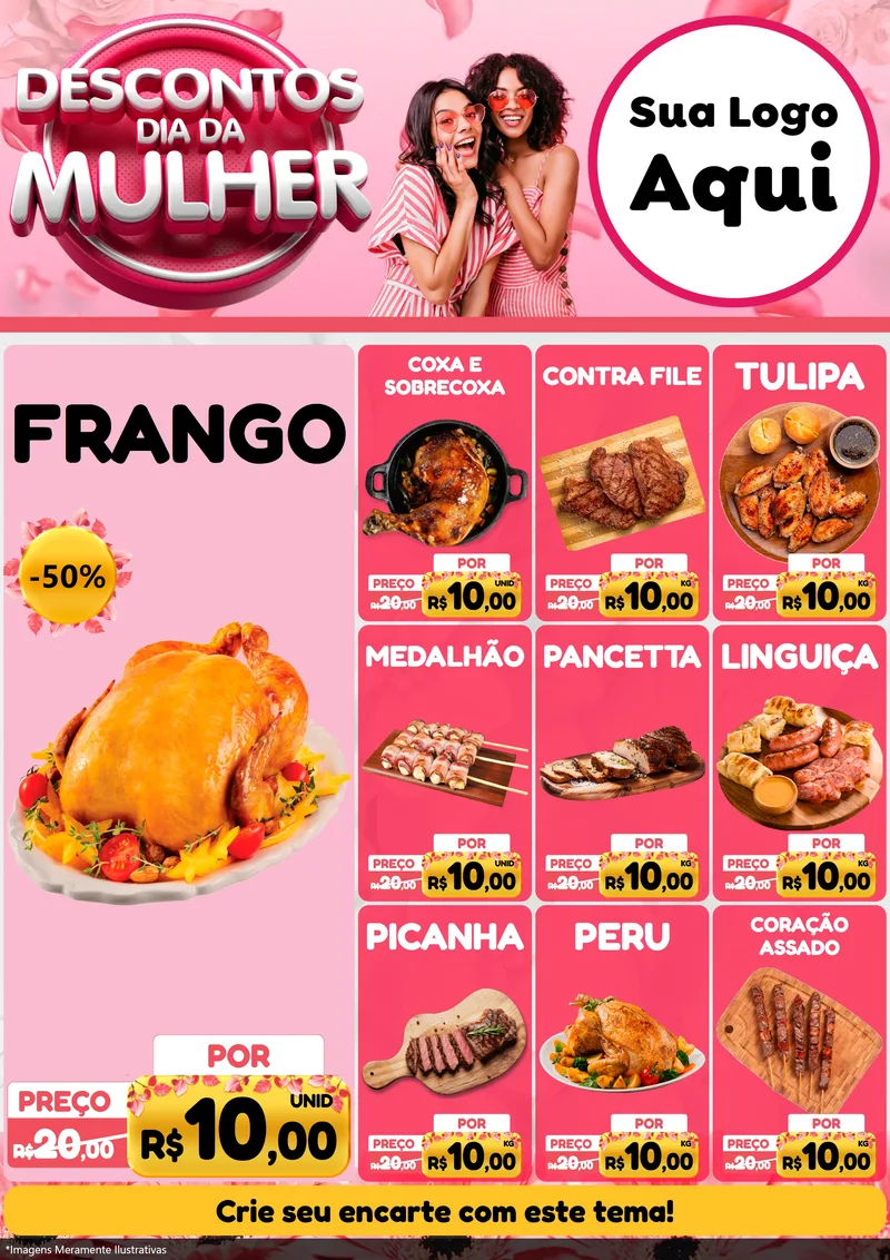 Modelo de Encarte para Encarte A4 Vertical com o tema Descontos Dia da Mulher para Assados