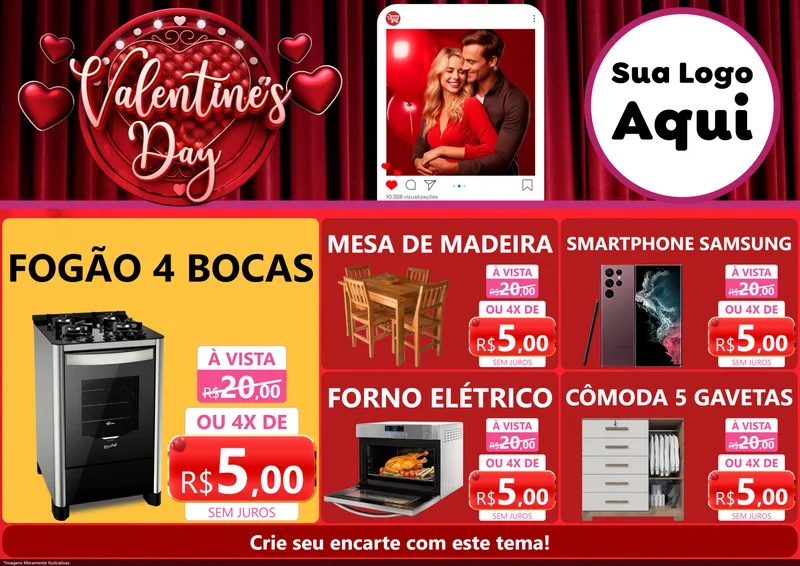 Modelo de Encarte para Encarte A4 Horizontal com o tema Valentine's Day para Móveis e Eletro