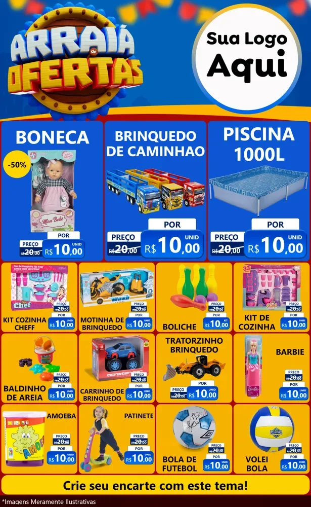 Modelo de Encarte para Encarte Grande com o tema Arraiá de Ofertas - Junina para Brinquedos