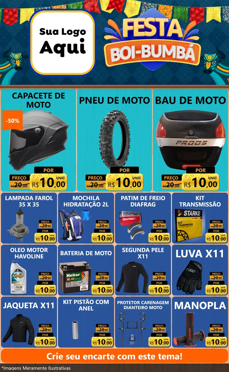 Modelo de Encarte para Encarte Grande com o tema Festa Boi Bumbá para Moto peças