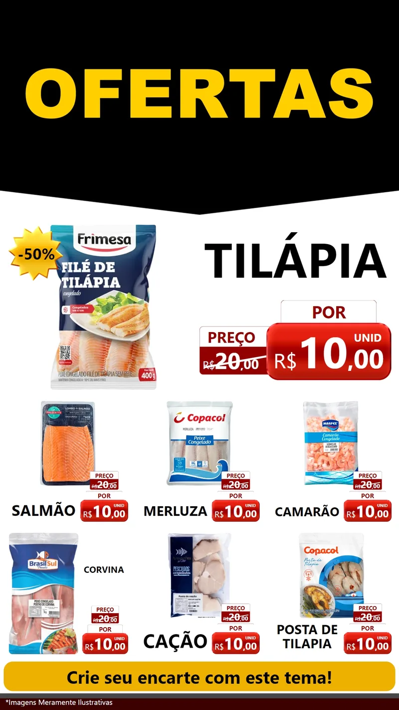 Modelo de Rede Social para Stories com o tema Ofertas Preto e Vermelho Cartaz para Peixaria