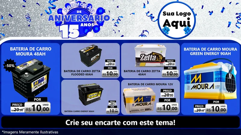 Modelo de TV para TV Horizontal com o tema Promoção de Aniversário - 15 Anos para Baterias Elétricas