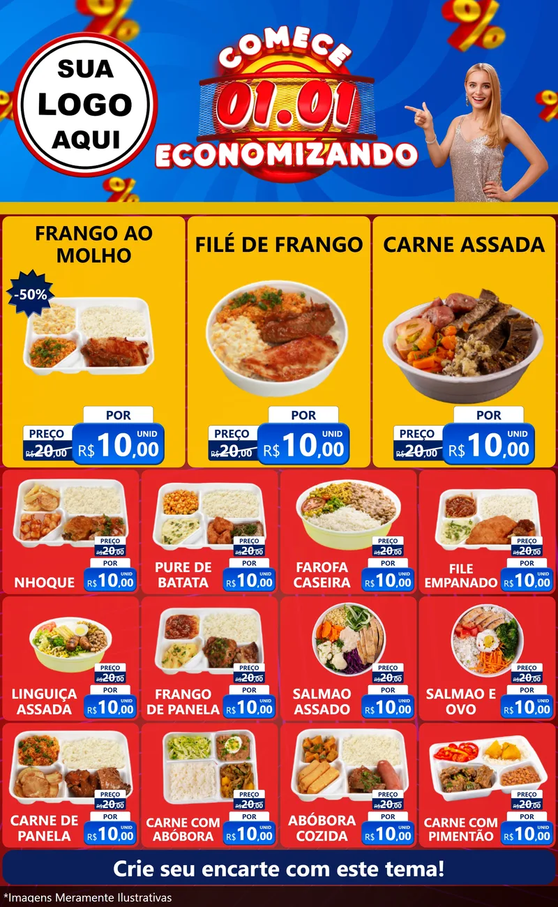 Modelo de Encarte para Encarte Grande com o tema Comece 1º de Janeiro Economizando para Restaurante