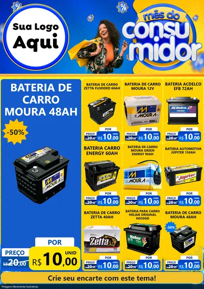 Modelo de Encarte para Encarte A4 Vertical com o tema Mês do Consumidor para Baterias Elétricas