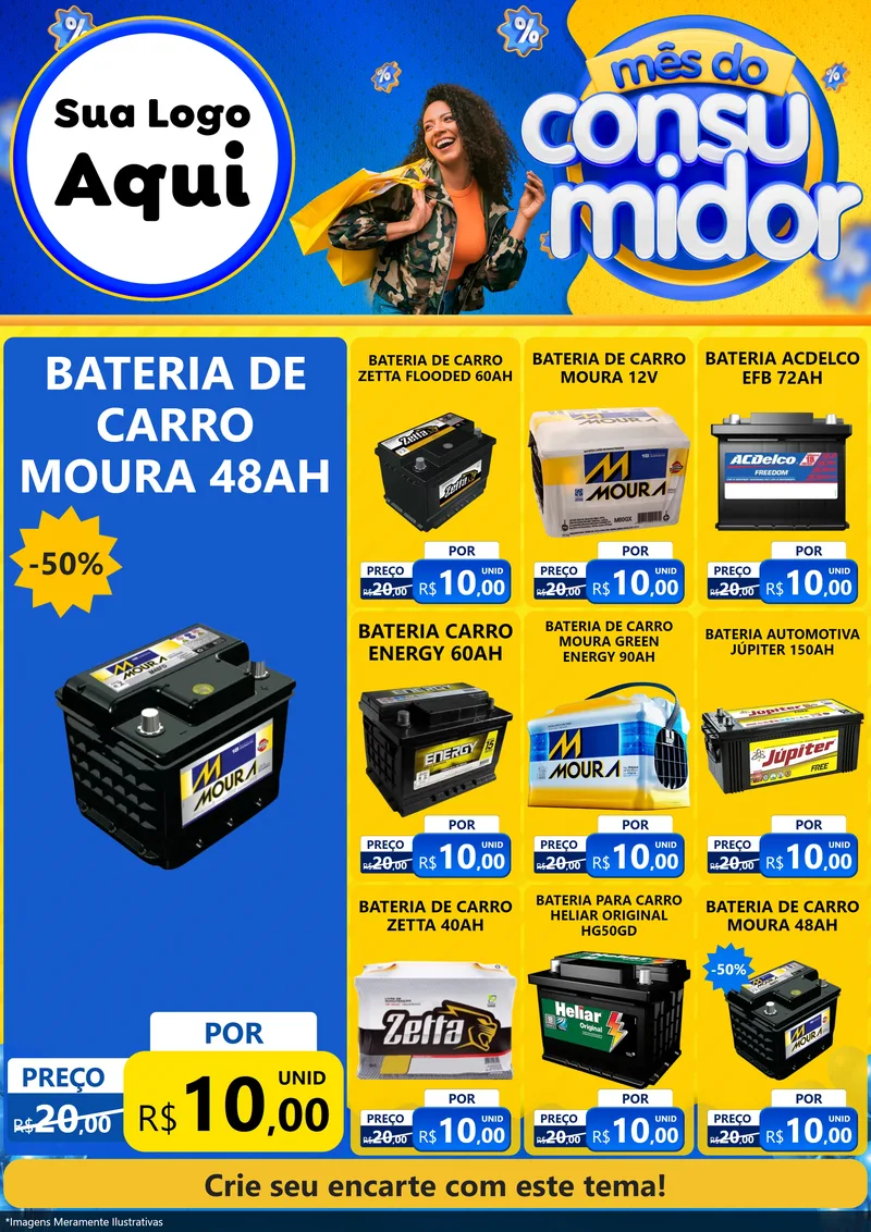 Modelo de Encarte para Encarte A4 Vertical com o tema Mês do Consumidor para Baterias Elétricas