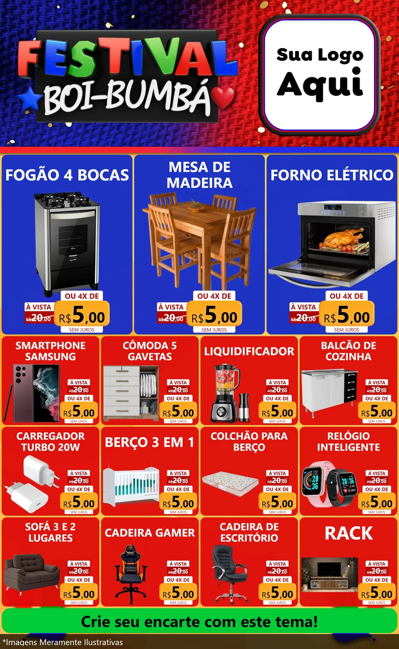 Modelo de Encarte para Encarte Grande com o tema Festival Boi-Bumbá para Móveis e Eletro