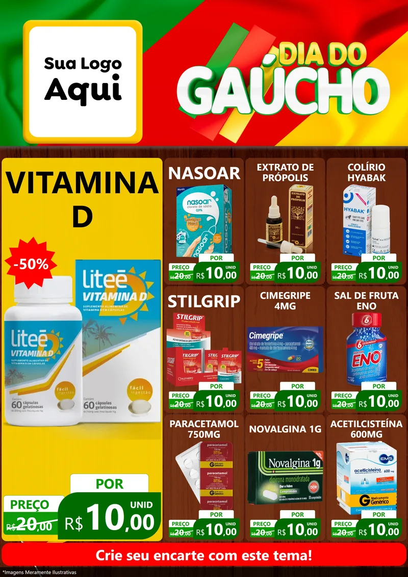 Modelo de Encarte para Encarte A4 Vertical com o tema Dia do Gaúcho para Farmácia