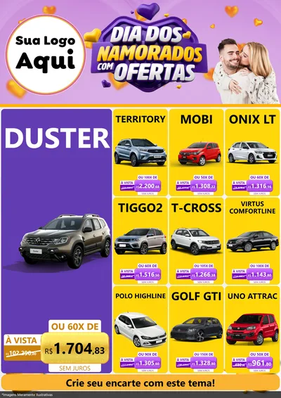 Modelo de Encarte para Encarte A4 Vertical com o tema Dia Dos Namorados Com Ofertas para Concessionaria de Carros