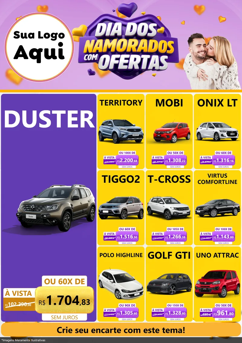 Modelo de Encarte para Encarte A4 Vertical com o tema Dia Dos Namorados Com Ofertas para Concessionaria de Carros