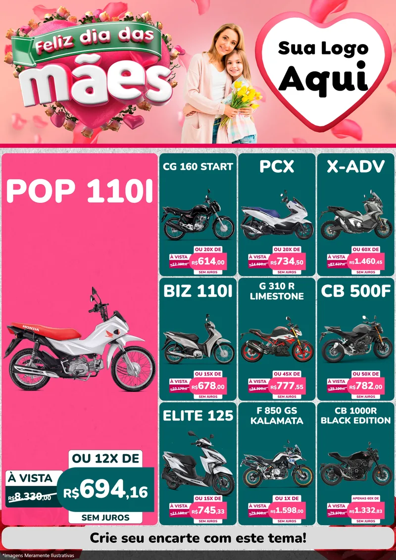 Modelo de Encarte para Encarte A4 Vertical com o tema Feliz Dia das Mães para Concessionaria de Motos