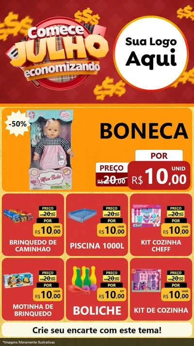 Modelo de Rede Social para Stories com o tema Comece Julho Economizando para Brinquedos