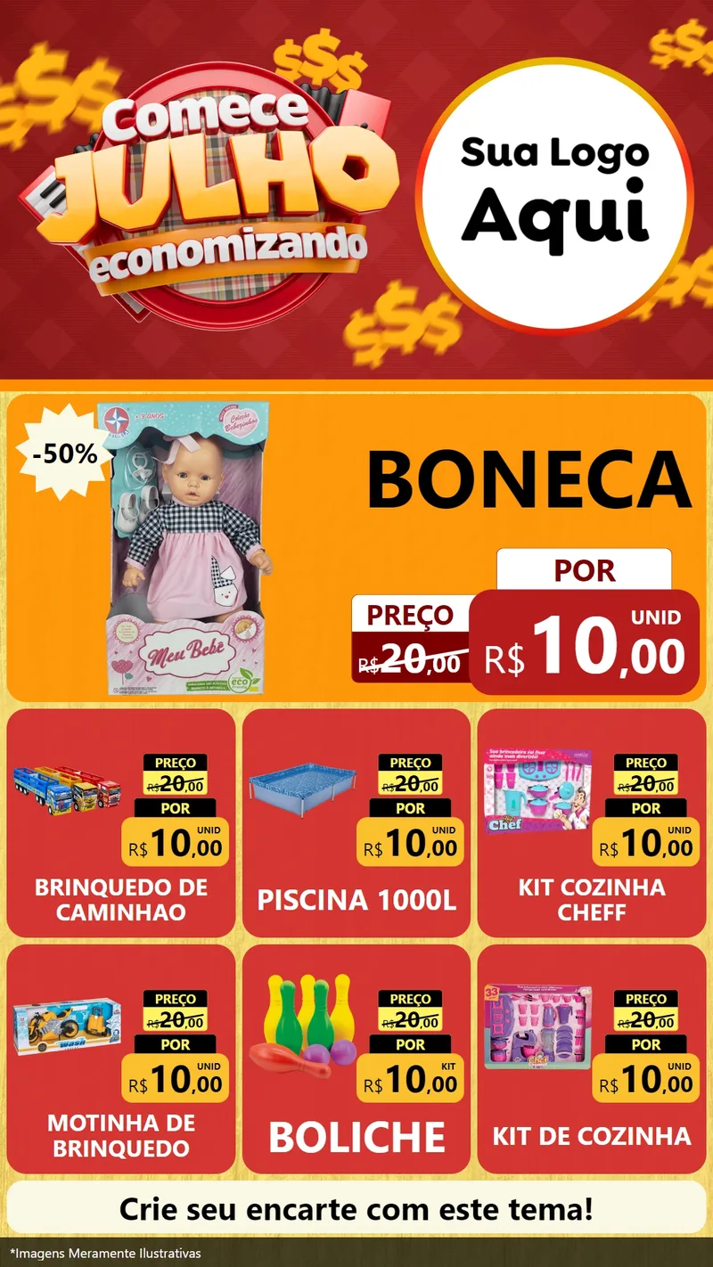 Modelo de Rede Social para Stories com o tema Comece Julho Economizando para Brinquedos