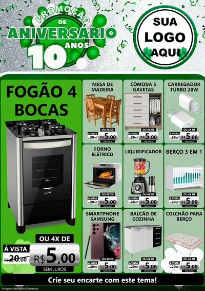 Modelo de Encarte para Encarte A4 Vertical com o tema Promoção de Aniversário - 10 Anos para Móveis e Eletro