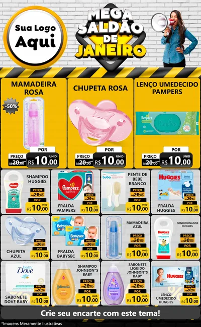 Modelo de Encarte para Encarte Grande com o tema Mega Saldão de Janeiro para Bebês