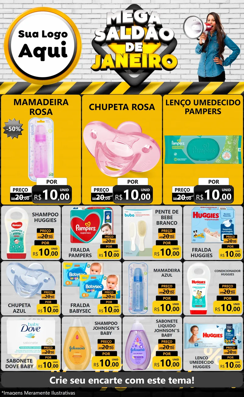 Modelo de Encarte para Encarte Grande com o tema Mega Saldão de Janeiro para Bebês