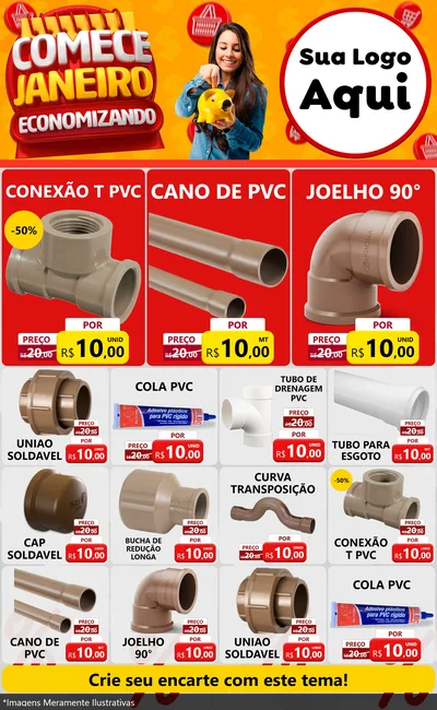 Modelo de Encarte para Encarte Grande com o tema Comece Janeiro Economizando para Tubos e conexões