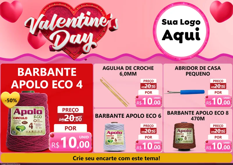 Modelo de Encarte para Encarte A4 Horizontal com o tema Valentine's Day para Armarinho e Aviamentos