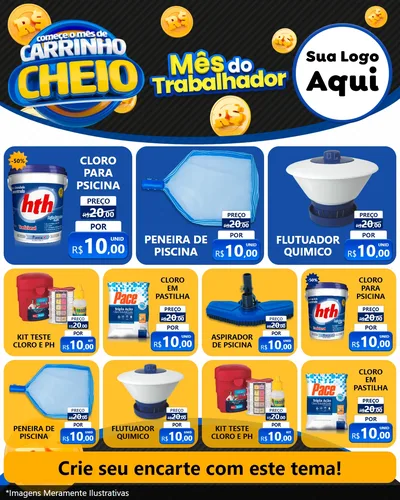 Modelo de Rede Social para Feed Instagram com o tema Comece o Mês de Carrinho Cheio para Produtos para Piscina