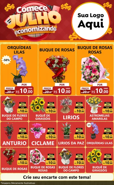 Modelo de Encarte para Encarte Grande com o tema Comece Julho Economizando para Floricultura e jardim