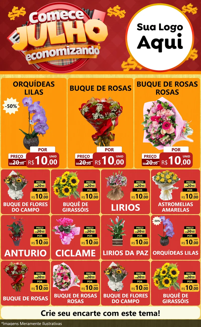 Modelo de Encarte para Encarte Grande com o tema Comece Julho Economizando para Floricultura e jardim