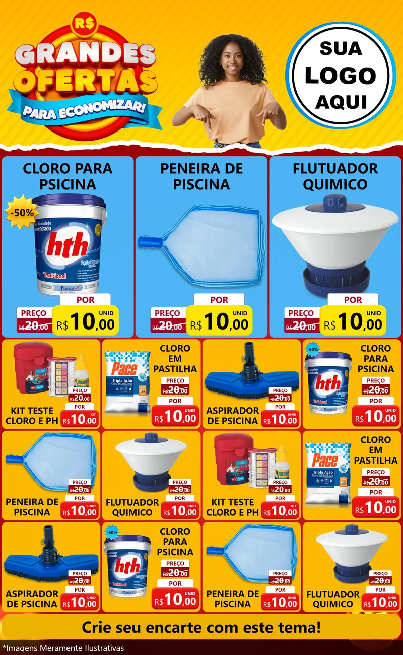 Modelo de Encarte para Encarte Grande com o tema Grandes Ofertas Para Economizar! para Produtos para Piscina