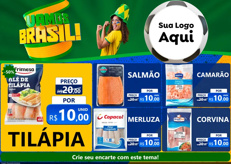 Modelo de Encarte para Encarte A4 Horizontal com o tema Vamos Brasil - Copa para Peixaria