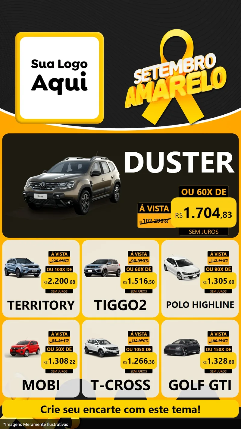 Modelo de Rede Social para Stories com o tema Setembro Amarelo para Concessionaria de Carros