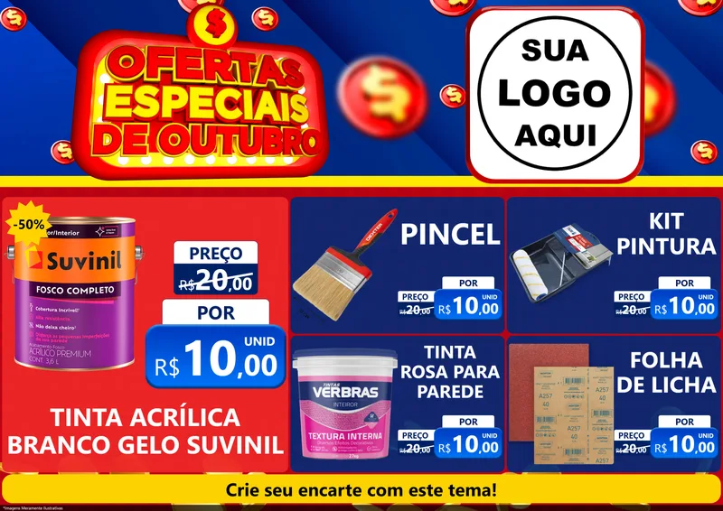Modelo de Encarte para Encarte A4 Horizontal com o tema Ofertas Especiais de Outubro para Tintas e Ferramentas