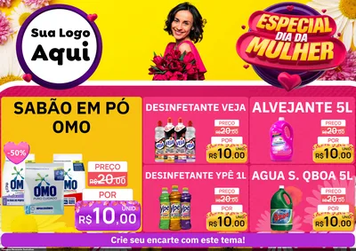 Modelo de Encarte para Encarte A4 Horizontal com o tema Especial Dia da Mulher para Produtos de Limpeza