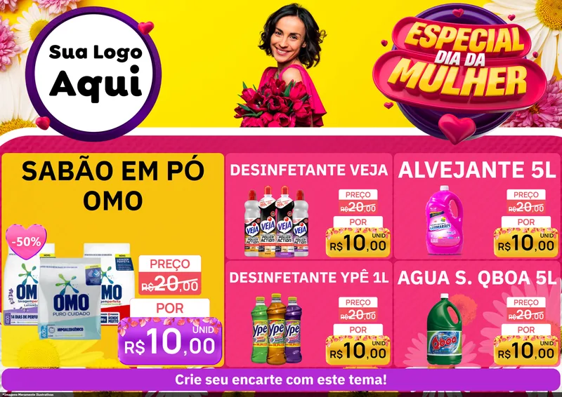 Modelo de Encarte para Encarte A4 Horizontal com o tema Especial Dia da Mulher para Produtos de Limpeza