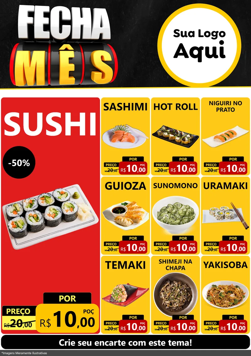 Modelo de Encarte para Encarte A4 Vertical com o tema Fecha Mês para Comida japonesa