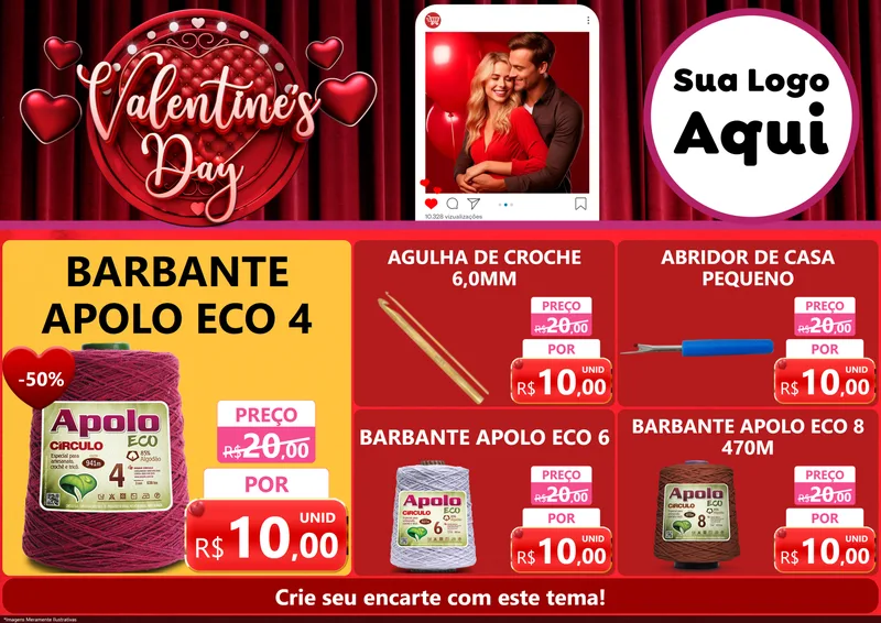 Modelo de Encarte para Encarte A4 Horizontal com o tema Valentine's Day para Armarinho e Aviamentos