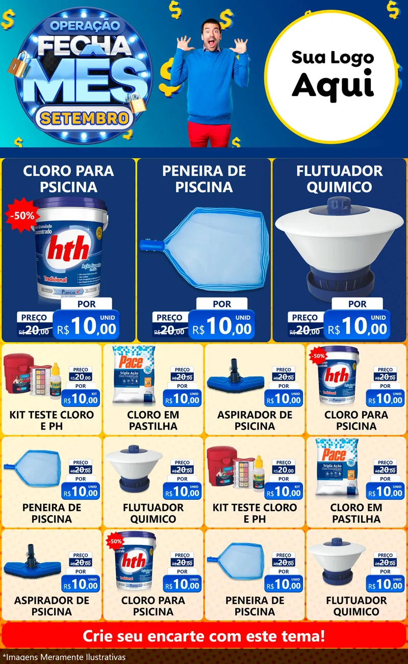 Modelo de Encarte para Encarte Grande com o tema Operação Fecha Mês Setembro para Produtos para Piscina
