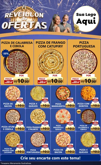 Modelo de Encarte para Encarte Grande com o tema Réveillon de Ofertas para Pizzaria