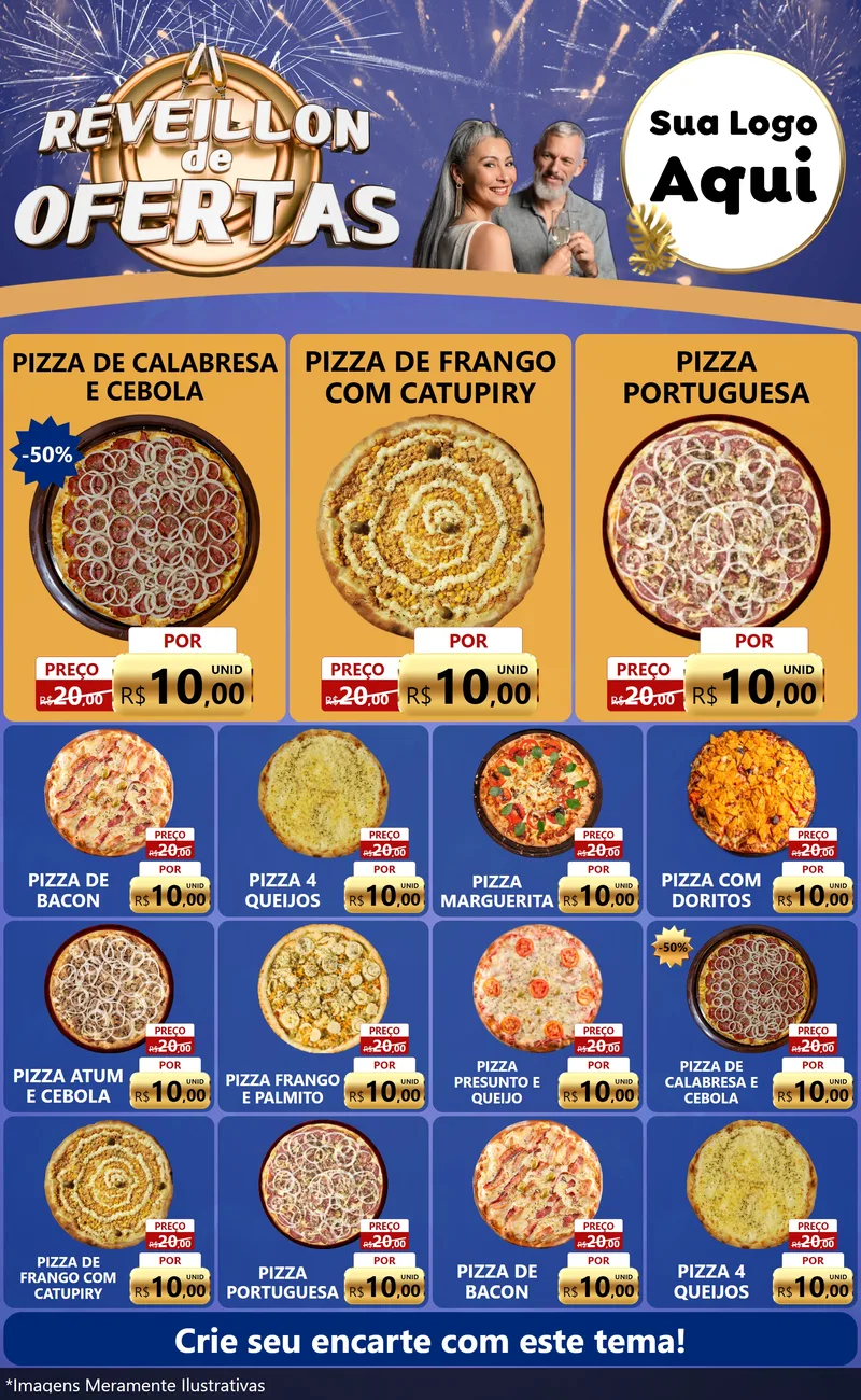 Modelo de Encarte para Encarte Grande com o tema Réveillon de Ofertas para Pizzaria