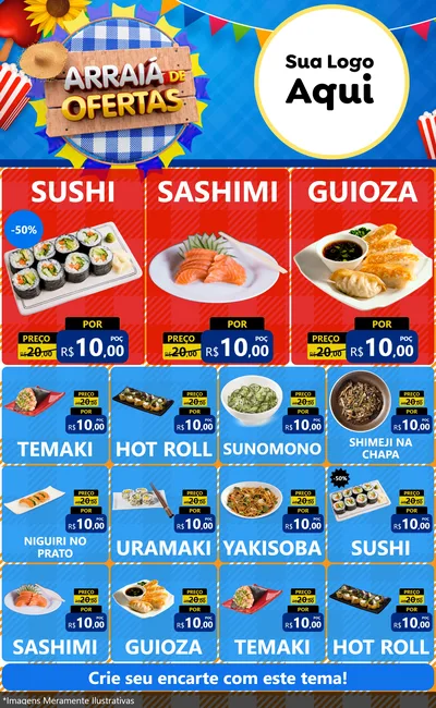 Modelo de Encarte para Encarte Grande com o tema Arraiá de Ofertas para Comida japonesa
