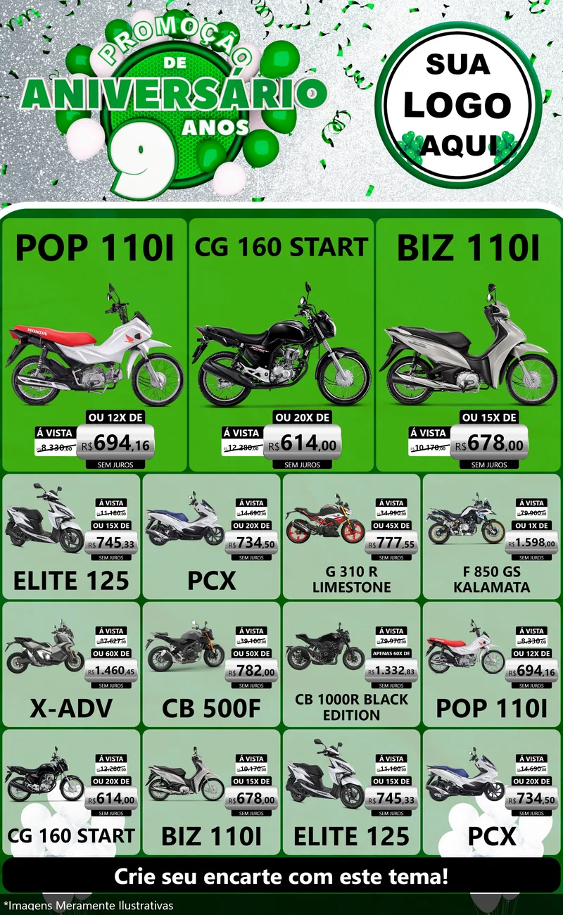 Modelo de Encarte para Encarte Grande com o tema Promoção de Aniversário - 9 Anos para Concessionaria de Motos